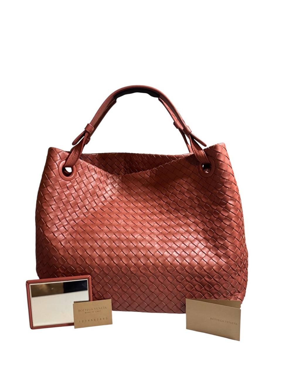 Pristine Bottega Veneta Intrecciato Nappa Leather Garda Tote Bag Rust Red Brown